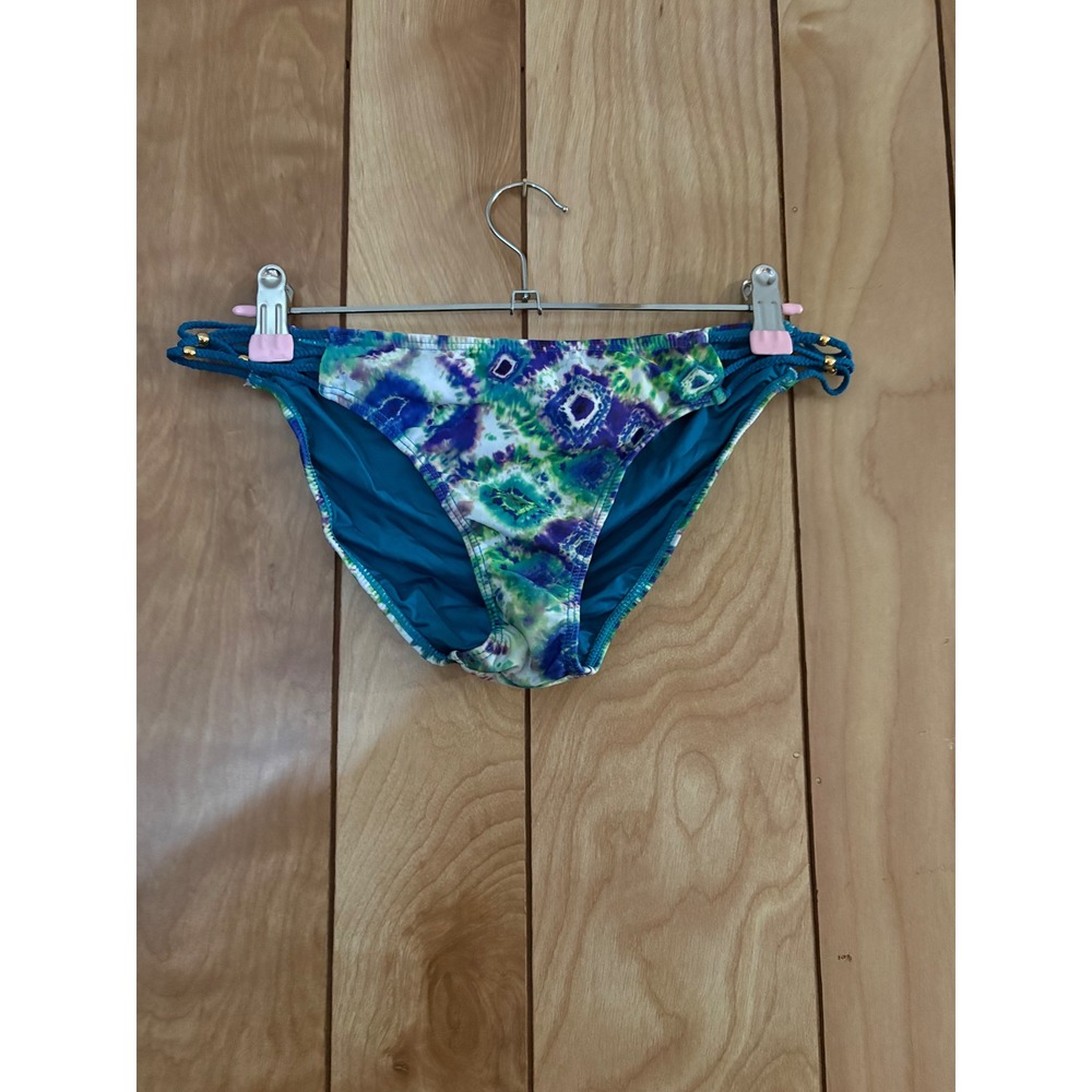 PilyQ Women Tie Dye Braided Side Bikini Bottom Blue Purple Green Medium